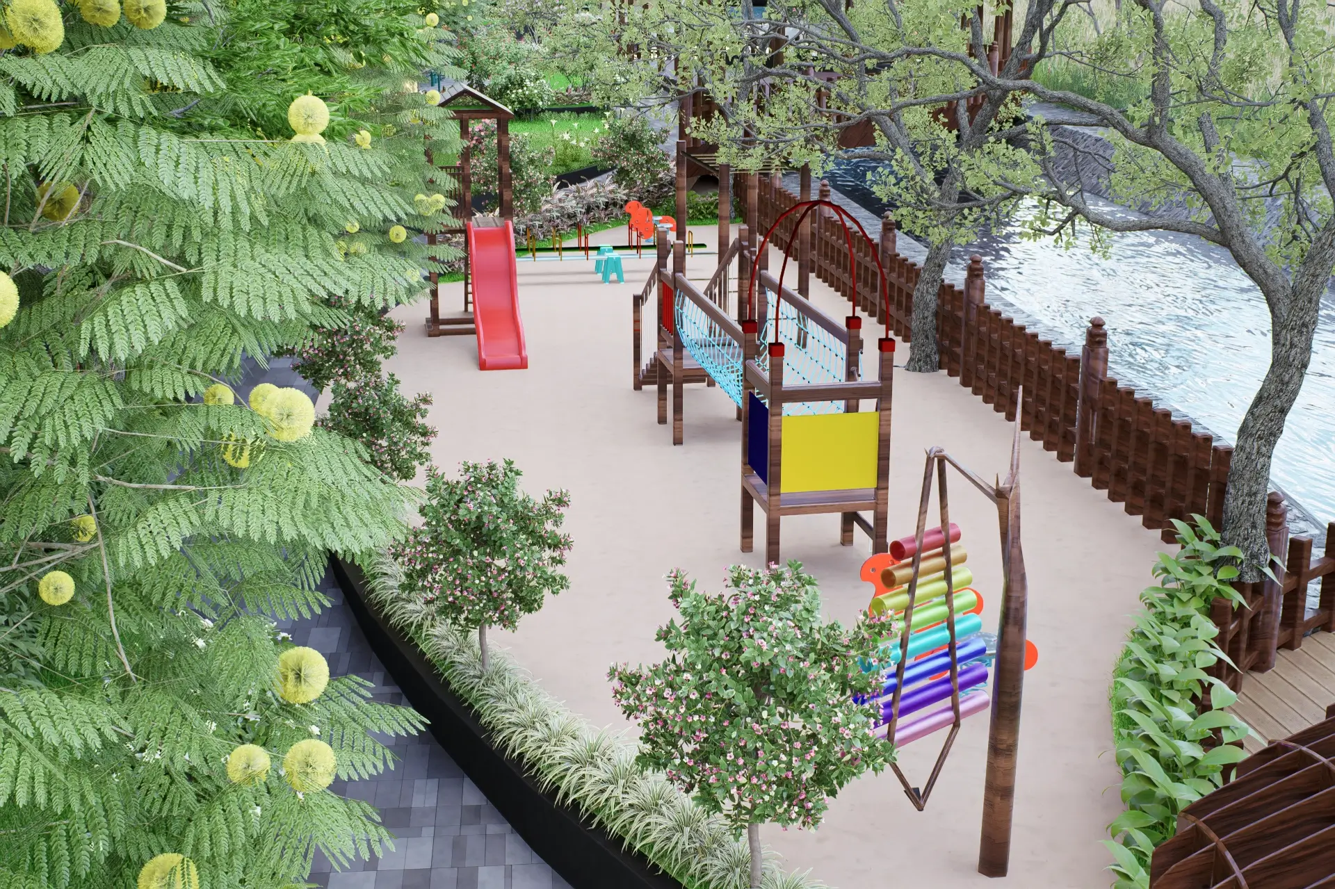 Children's play zone by the water at Vouge Estate