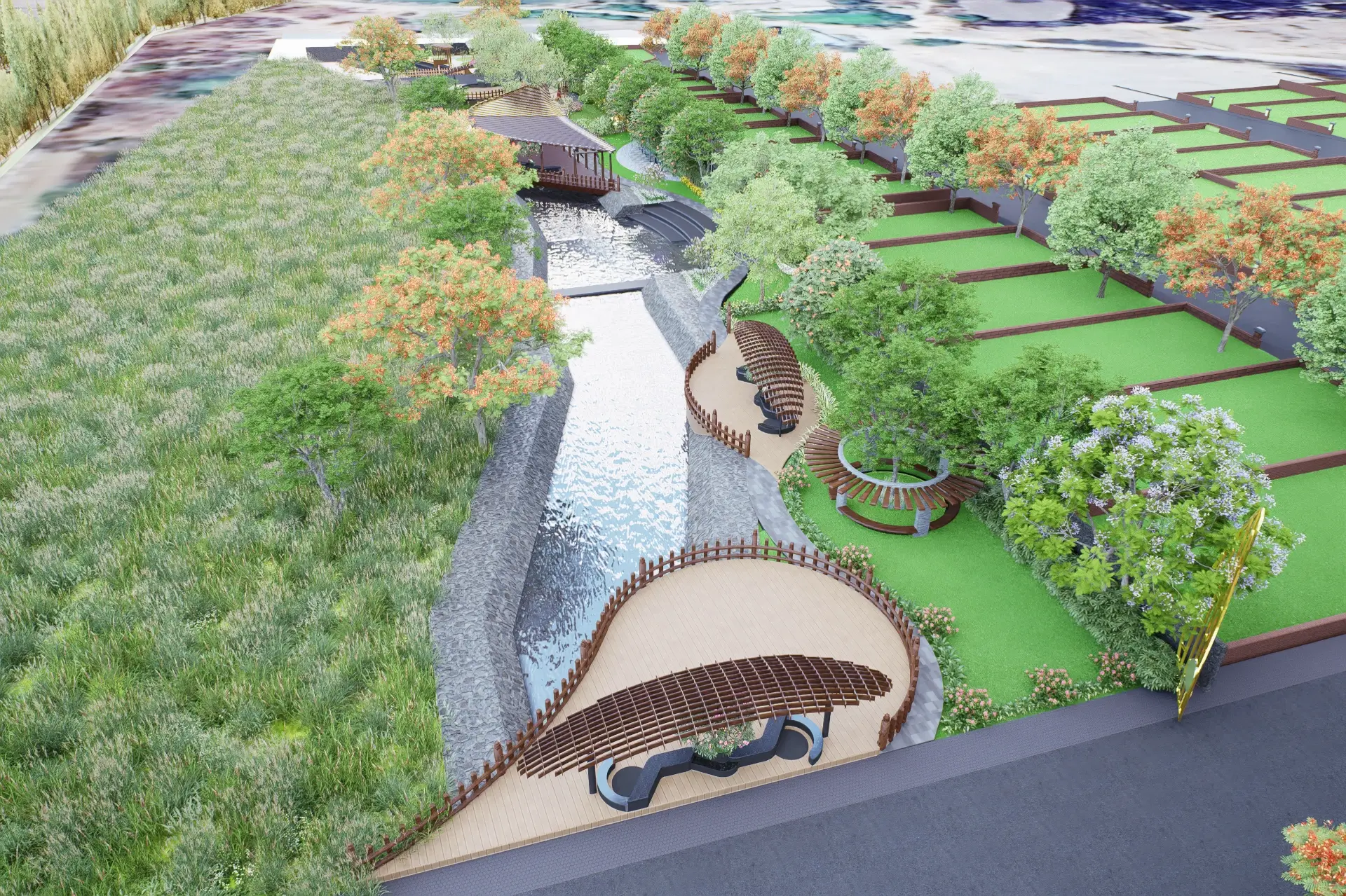 Aerial view of the water body and plots at Vouge Estate
