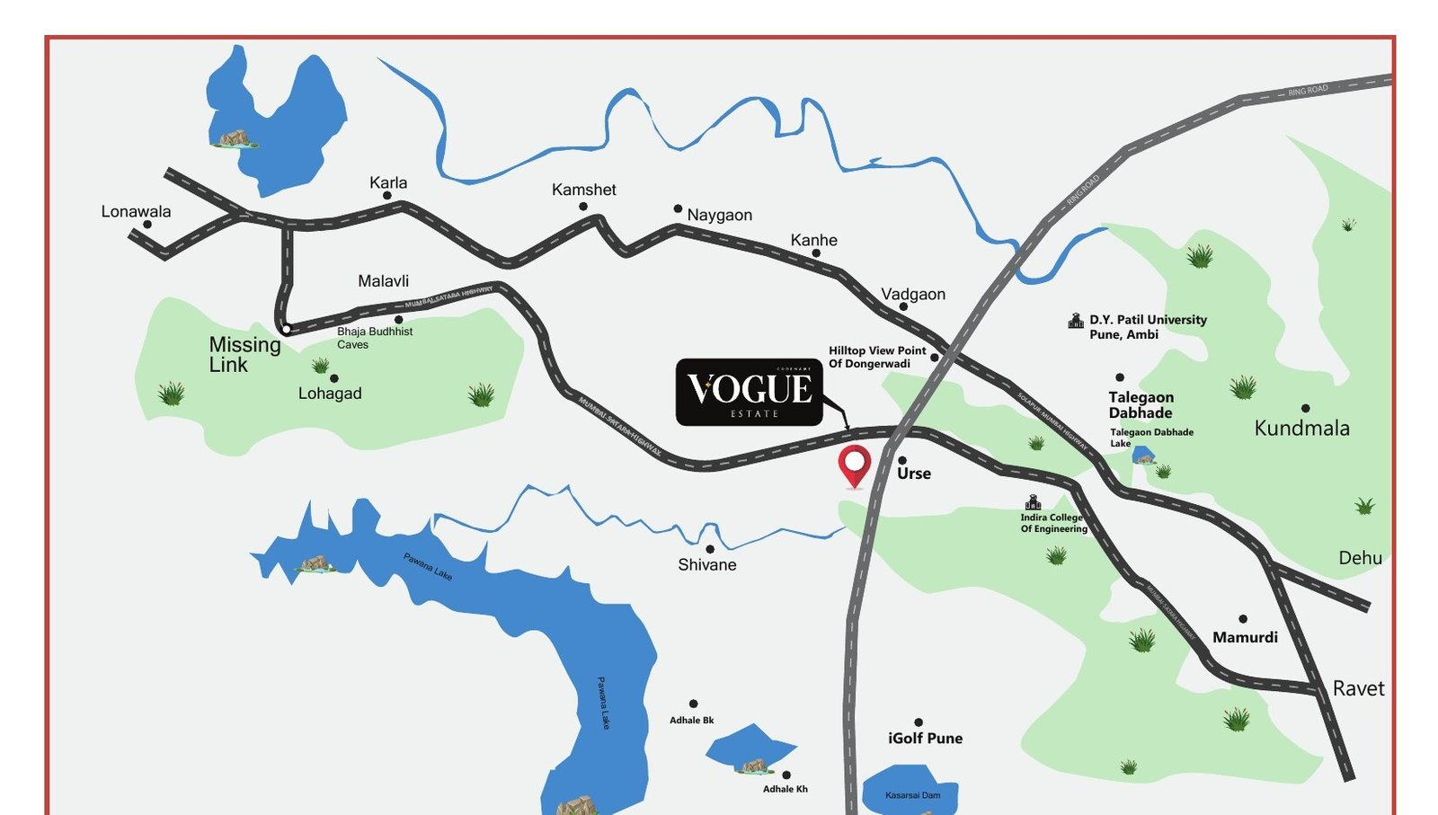 Vouge Estate regional connectivity map — Urse, Talegaon, near Pune-Mumbai Expressway