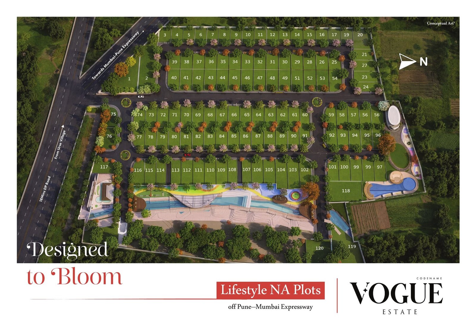 Vouge Estate site masterplan, aerial artistic impression showing 120 plots